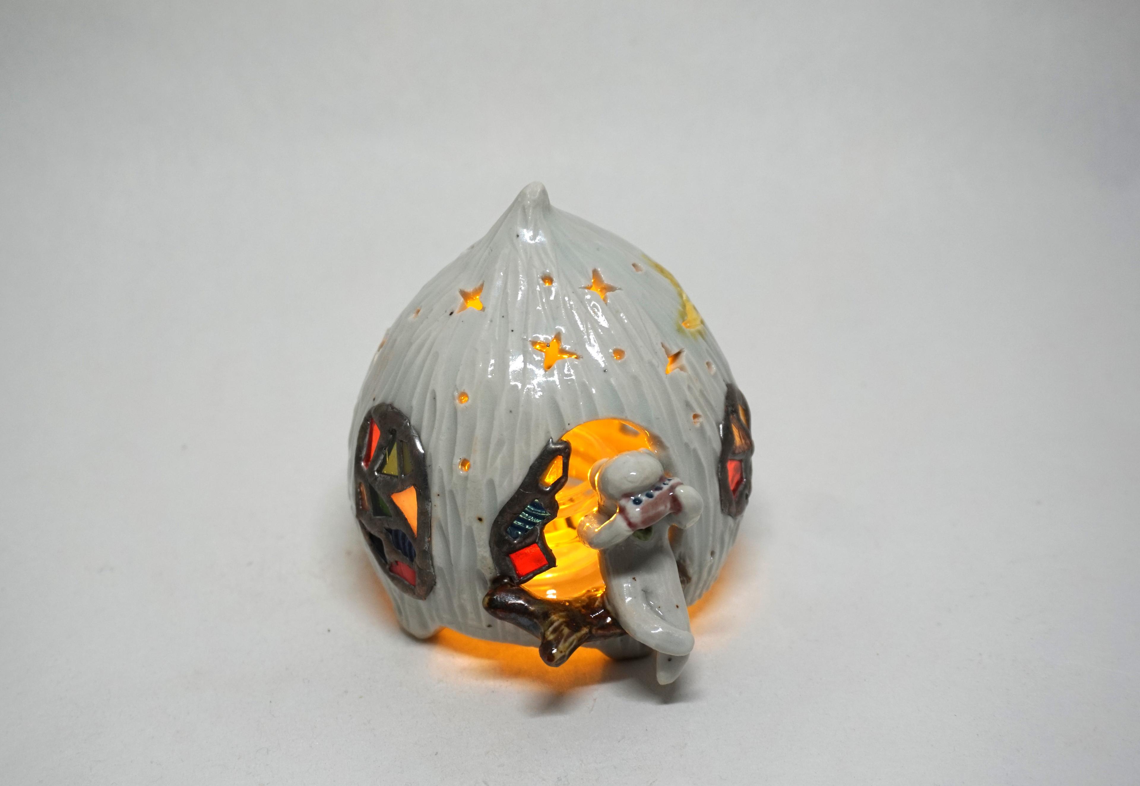 『オカリナの調べ』　月うさぎ　置物　陶器　ランプ　ステンドグラス